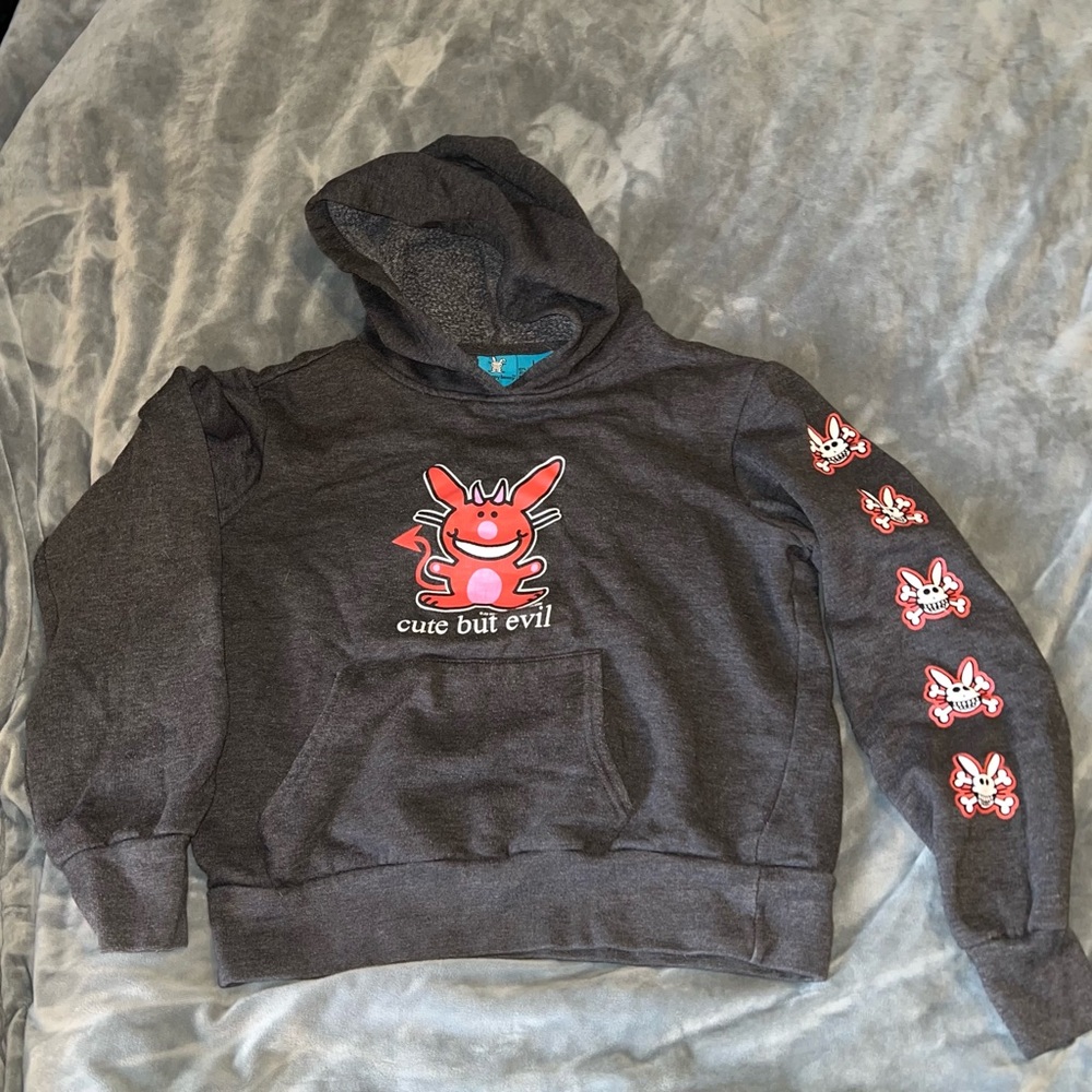 RARE - Y2K HTF Gray Happy Bunny Sweatshirt Hoodie “Cute But Evil” Devil Design